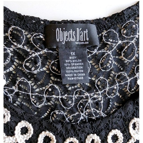 Objects D'Art Shell Top Woman Size 1X Black Lace Semi Sheer White Embroidery - Picture 2 of 4